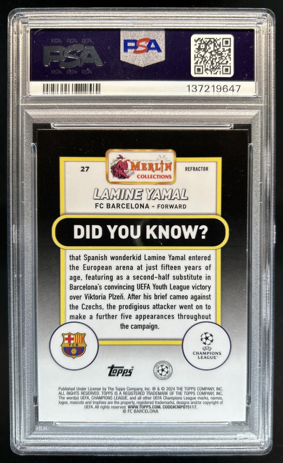 2023-24 Topps Chrome Merlin UEFA Lamine Yamal RC Refractor #27 Barcelona PSA 9 view 2