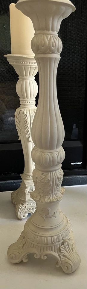 Set of 3 Farmhouse Distressed White Pillar Candle Holders Ornate Shabby Chic  - Image 4 of 4