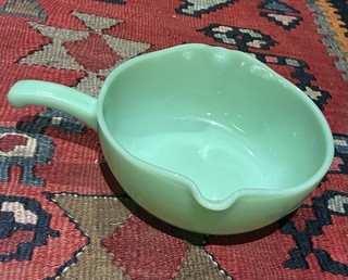 Vintage Fire King jadeite glass batter bowl with handle and spout