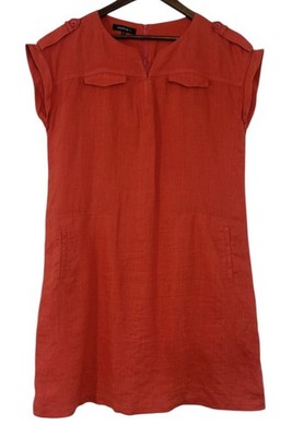 Lafayette 148 Linen Red Pink Mini Shirt Dress Size Medium Cuffed Cap Sleeves 