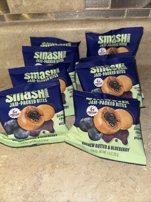 New 8 X 1.8 oz Smash Foods Jam - Packed Bites Cashew Butter & Blueberry