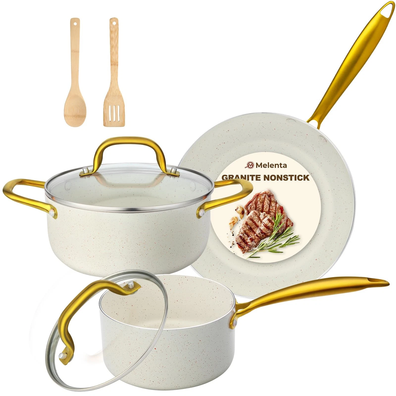 Pots and Pans Set Non Stick, 7 Piece White Granite Induction Cookware Set, No...