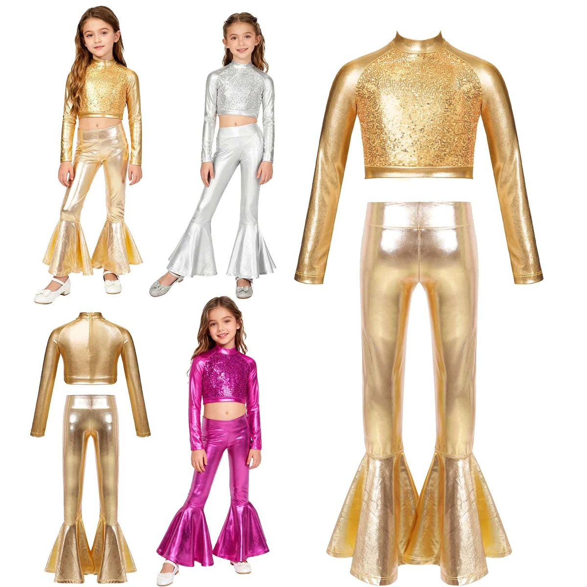 2 Pezzi Abito Da Ballo Per Bambine - Crop Top Con Fondo Ginnastica Jazz, Con Paillettes - Foto 2