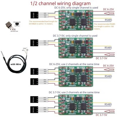 2CH RS485 Digital Temperature Collector DS18B20 Sensors 5V 12V 24V Modbus
