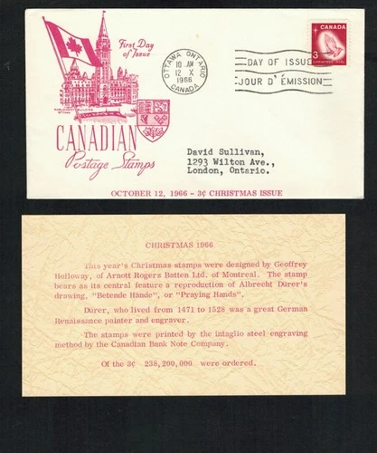 Canada #451-452 1966 Praying Hands set on 2 Middlesex Stamp Circle FDC's+inserts