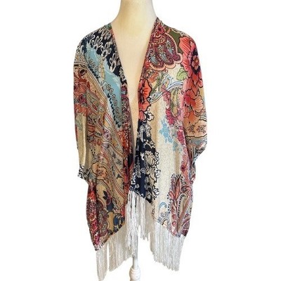 Chicos Kimono S/M Paisley Floral Fringe Lightweight Boho Beach Cover Up