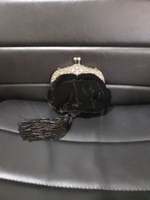 Vintage Black Velvet Evening Bag Filigree Rhinestone Tassel