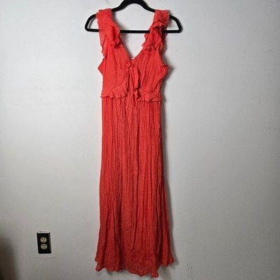 Iris Bloom Size S Coral Textured Crinkle Ruffled Sleeveless Maxi Dress Lined