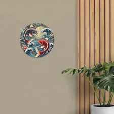 2D Flat, 8-Inch Round Aluminum Wall Art - Classic Japanese Koi Fish & Moon Desig