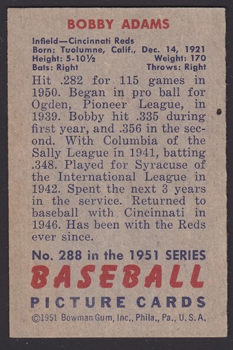 1951 Bowman #288 Robert Bob Bobby Adams Cincinnati Reds High # baseball card - Picture 2 of 2