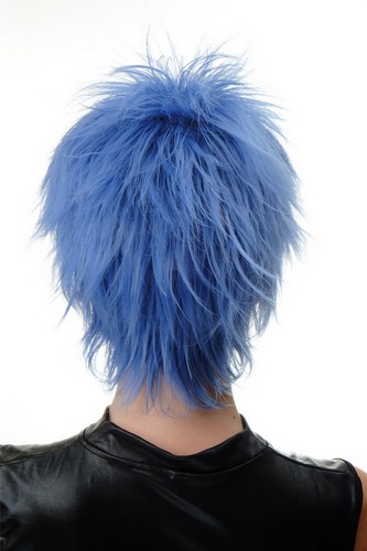 Parrucca Corto Capelli Cotonati Selvaggi Meches 80er Onda Punk Blu BLUE144 - Foto 4 di 4