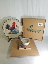 NEW Home and Garden Party Stoneware Rooster Chip and Dip Party Tray Bowl Set