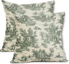 French Country Pillow Covers Set of 2 16x16 Inch Vintage Toile Green Cotton L...