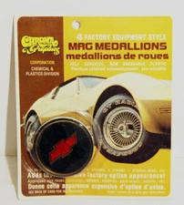 NOS Chroma Graphics mag medallions, wheel center cap stickers, Chevy bow 2"