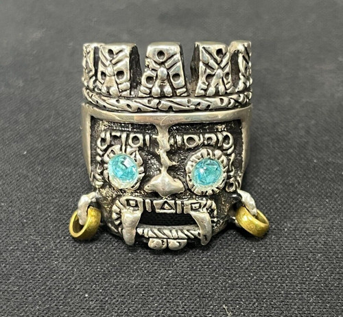 TLALOC AZTEC RAIN GOD 925 Silver Ring Blue Eyes Anillo Plata Mexicana Size 11