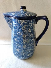 Vintage Blue Floral Ceramic Pitcher With Lid  9.5" Tall  *BEAUTIFUL*