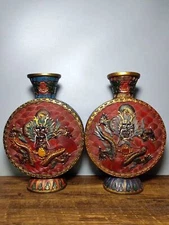 10" China Dynasty Wood Lacquerware Coloured drawing Flower Bottle Wine Vase Pair