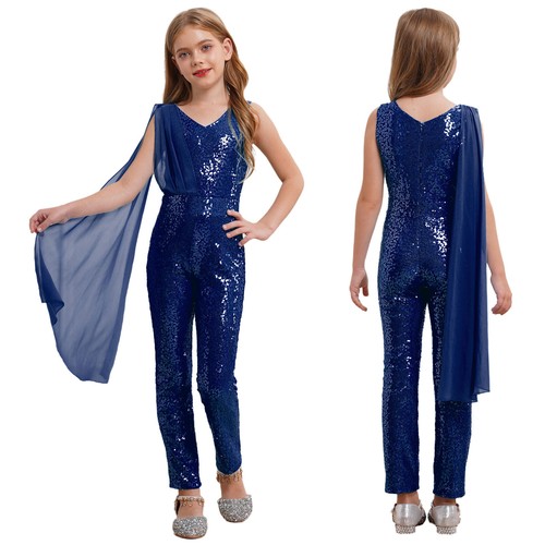 Kinder Mädchen Hosenanzug Einteiler Body Glitzer Overall Kleidung Ärmellos Show - Bild 29 von 68
