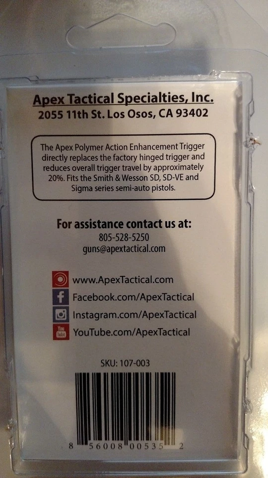 Gatillo de mejora de acción de polímero Apex Tactical S&W SD SD-VE Sigma 107-003 -NUEVO Foto 4 de 4