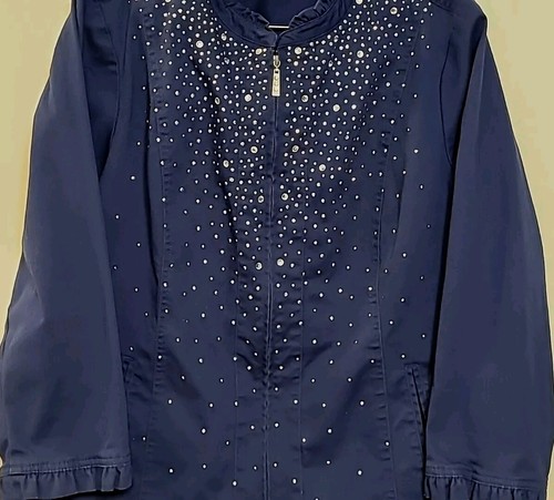 Quacker Factory Blue Silver Rhinestone Zip Jacket Size L - Picture 3 of 6