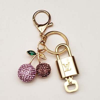 Authentic LV Gold Padlock & Key   Unbranded Cherry Bag Charm / Keychain Combo