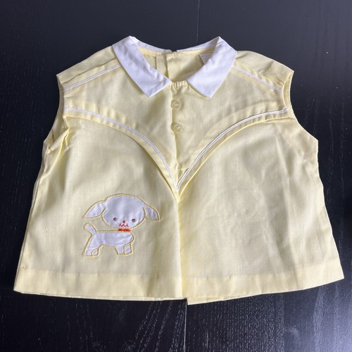 Vintage 70s Baby 12M Yellow Puppy Dog 2pc Shorts & Top Outfit Set Plastic Pants - Picture 2 of 7