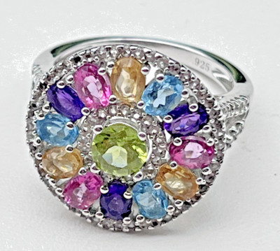 Gemstone Amethyst Peridot Blue Topaz Sterling Silver Ring Signed P Star M Size 7