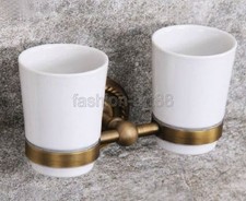 Antique Brass Wall Mounted Toothbrush Holder with Double Ceramic Cups fba275