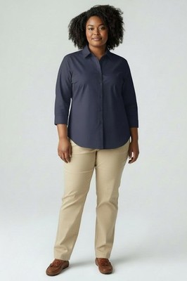 Port Authority Women's Navy 3/4 Sleeve Button Up Shirt, Size XL