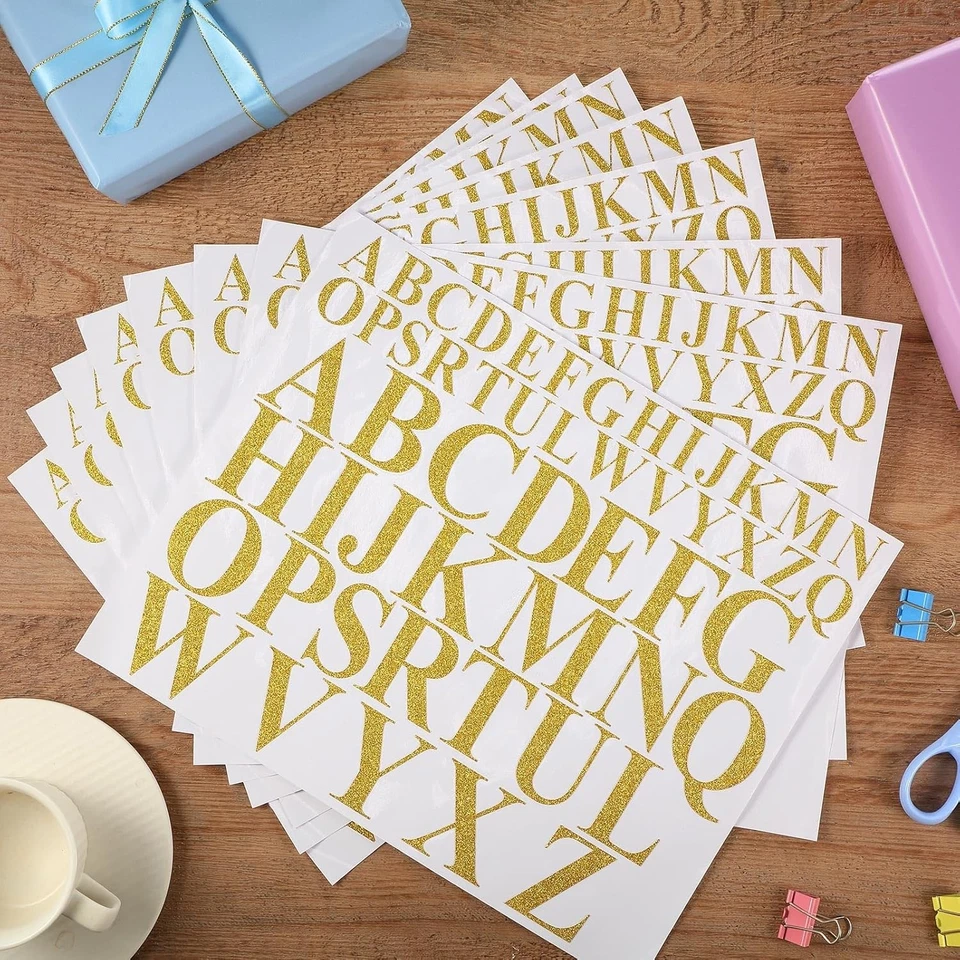 8 Sheets 416 Pcs Vinyl Letters Stickers Alphabet Glitter Gold 1 Inch, 2 Inch - Image 3 of 4