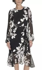 Tommy Hilfiger Sheer Long Sleeve Flounce Hem Midi Dress- Ivory/Multi, Size-2