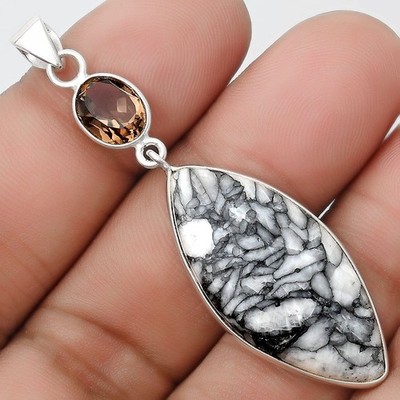 Natürlicher Pinolith & Rauchquarz 925 Sterling Silber Anhänger Schmuck P-1098