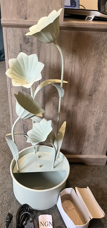 Metal Sculptural Multi-Tiered Flower Water Fountain, Green ,  approx. 40" tall