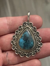 NATIVE AMERICAN STERLING SILVER 2 1/4” KINGMAN TURQUOISE TEAR DROP PENDANT .925