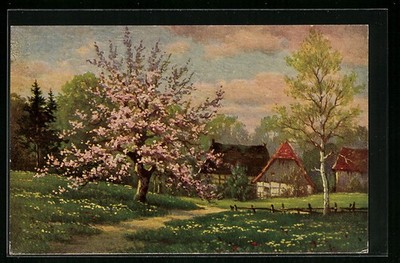 Artist postcard Degi no. 1275: flowering tree and houses in spring 
