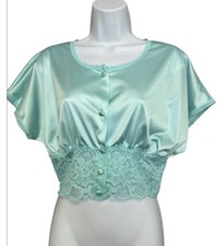 Vintage Vanity Fair Top Sleepwear Sz Large Petites Y2K Blue Lace Made USA