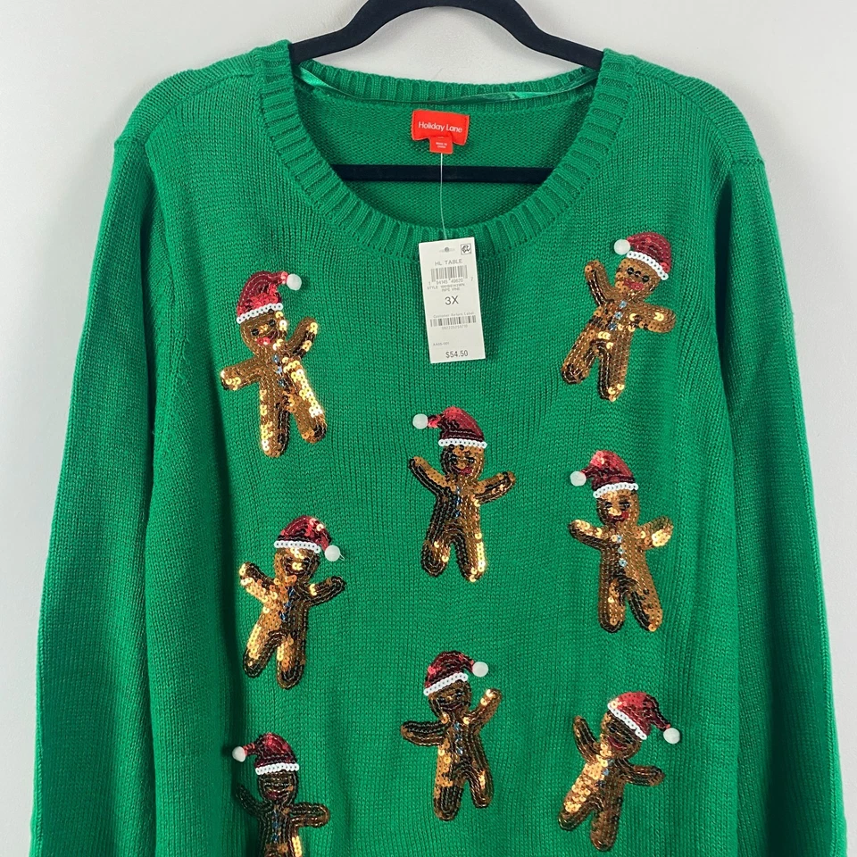 Holiday Lane Christmas Sweater Womens 3X Green Sequin Gingerbread Man Crew - Image 2 of 4