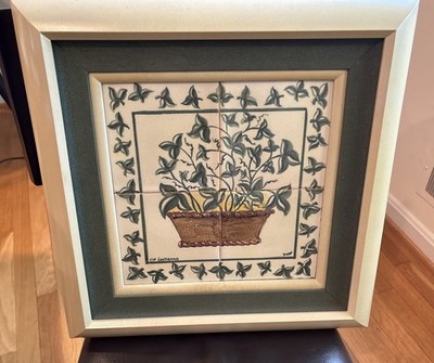 Vintage Fabrica Sant'Anna Hand Painted Framed Flowers Basket Tiles PORTUGAL