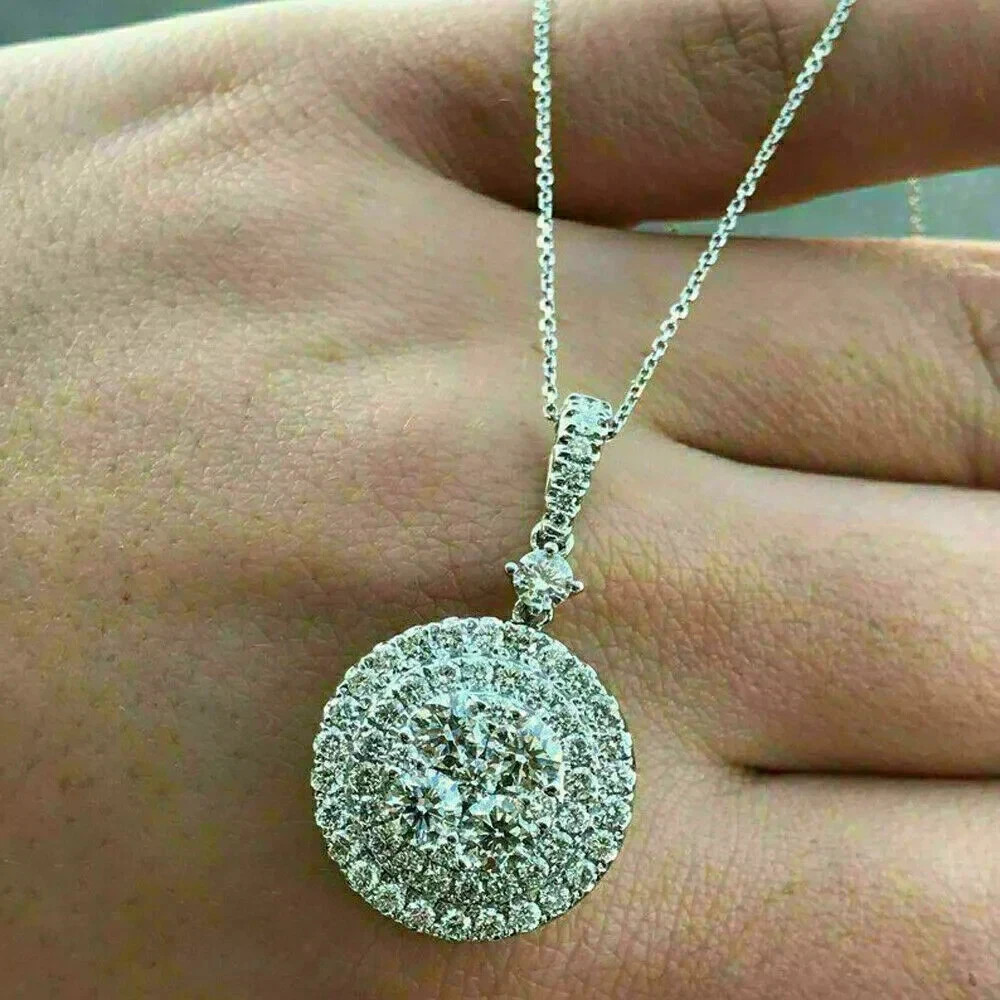 2.00Ct Round Cut VVS1/D Diamond Cluster Pendant 14K White Gold Finish Free Chain