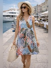 Tahari 100% Linen Tropical Print Shift Dress  M Sleeveless Resort Vacation