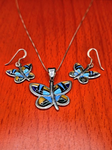 Sterling Silver Navajo Munti Stone Inlay Butterfly Necklace & Earring Set