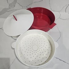 Tupperware Microwave Safe Red & White Three-Piece Round Plastic Steamer with Lid