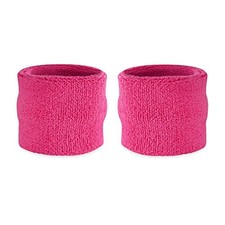 Kids Wrist Sweatbands - Athletic Cotton Terry Cloth Sports Neon Pink