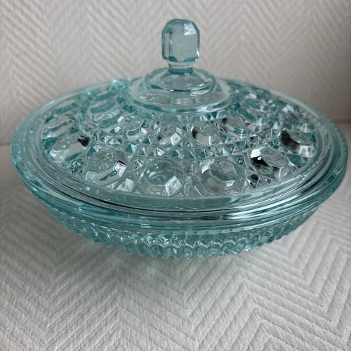 Vtg Indiana Glass “Windsor” Aqua Blue Depression Lidded Candy Dish 7.5” Diameter