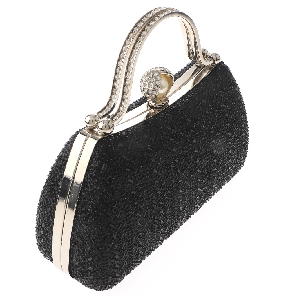 Silver Tone Metal Frame Crystal Rhinestone Fashion Clutch Evening Bag TLX218-BLK