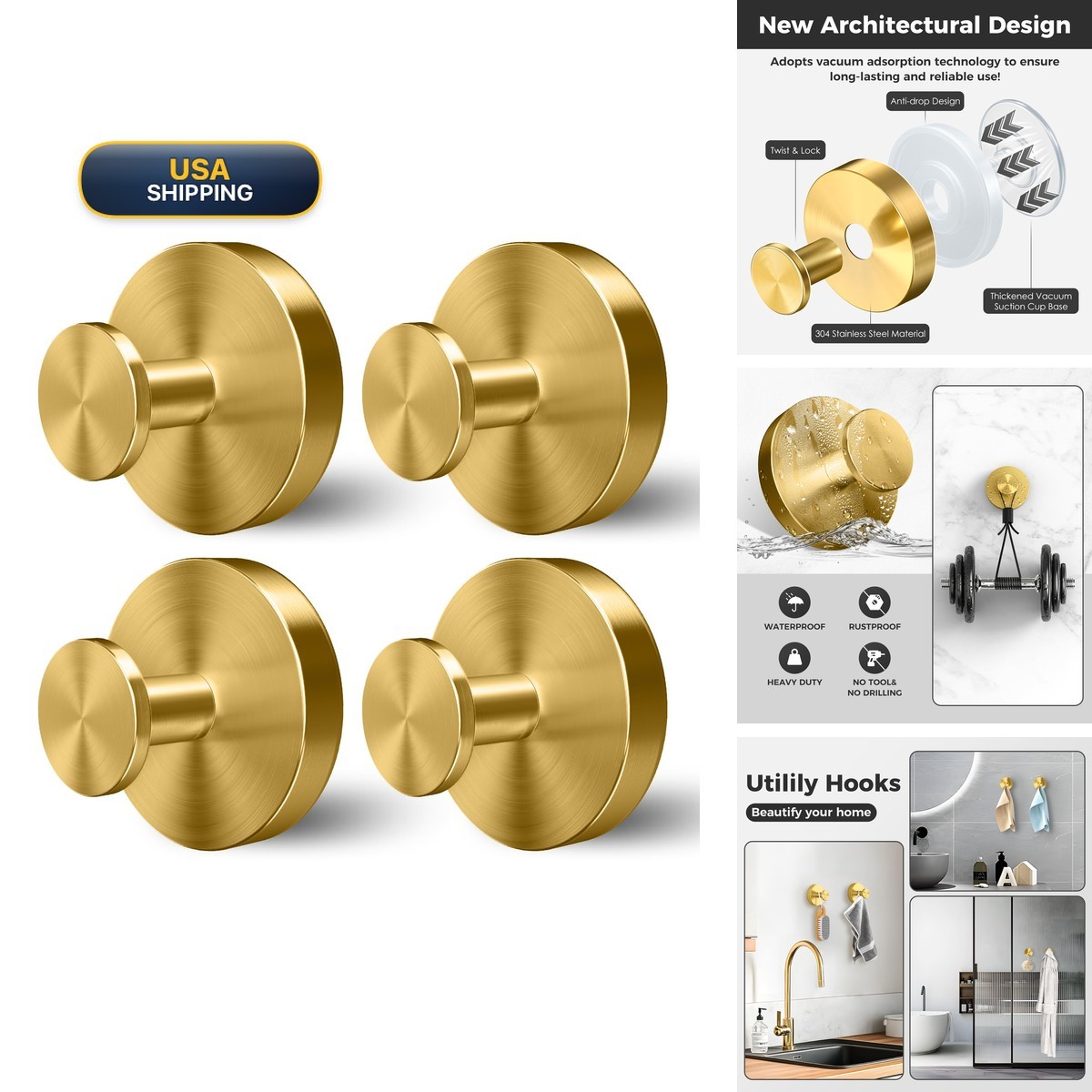 WingWider Shower Hooks 4 Packs Suction Cup Hooks for Glass Window Gold