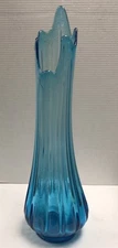 Vintage L.E. Smith Peacock Blue Swung 21 inches Wide Bottom Art Glass Vase