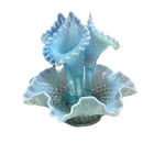 VINTAGE 10 3/4" FENTON SEA BLUE HOBNAIL DIAMOND LACE OPALESCENT FLOWER EPERGNE