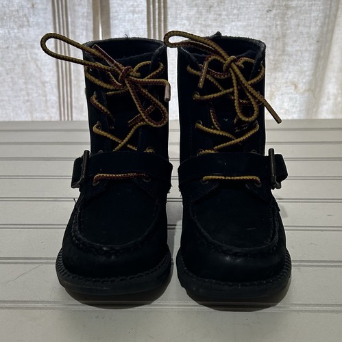 Polo Ralph Lauren Kids 9 Ranger Boots Black Buckle Lace Up P-Wing Suede Leather - Picture 2 of 14