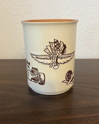 Indianapolis Motor Speedway 70 s Vintage Mug Ivory Wing & Wheel Logo Orange
